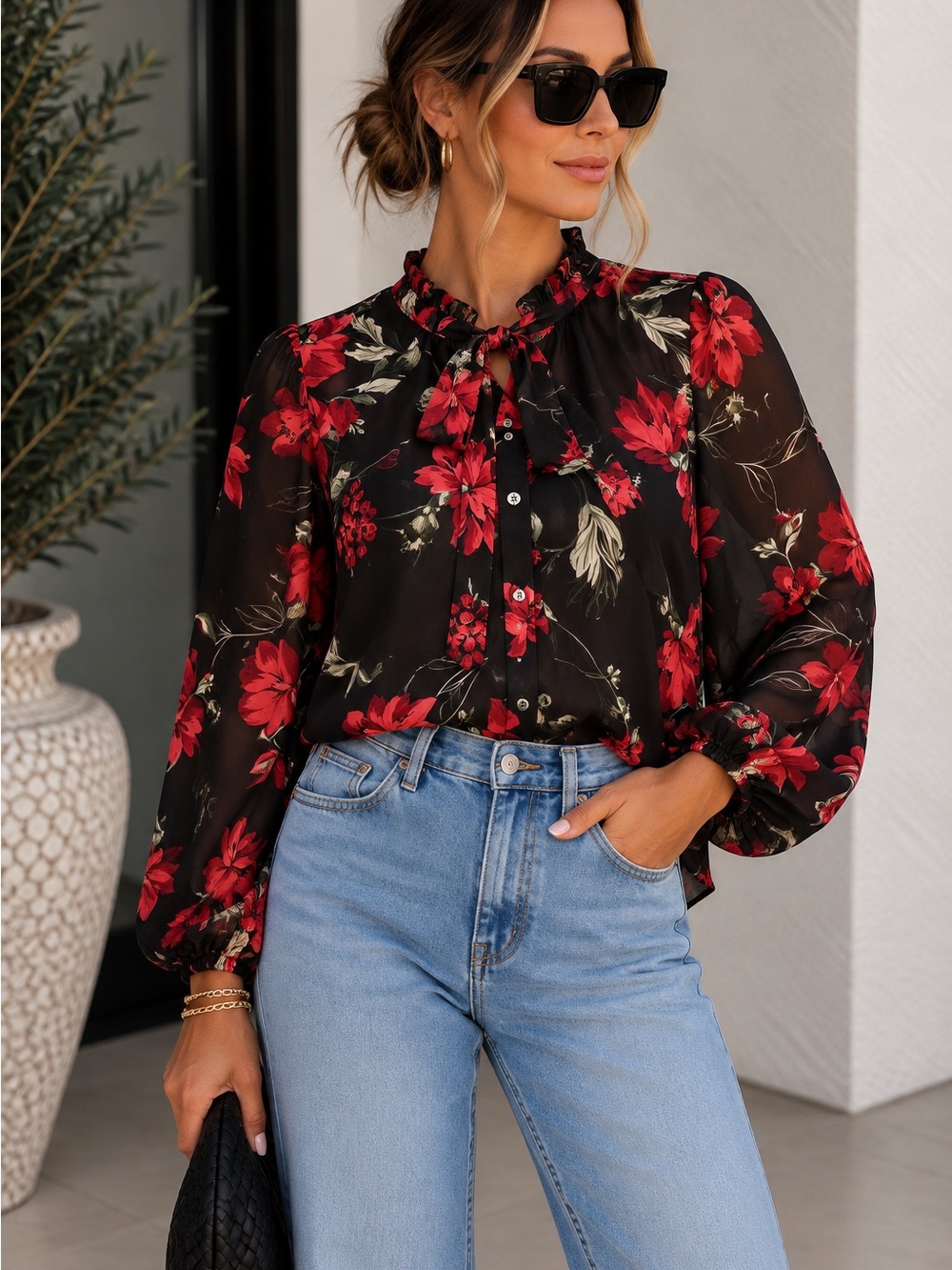 Red floral perception concept Women's Black Floral Tie-